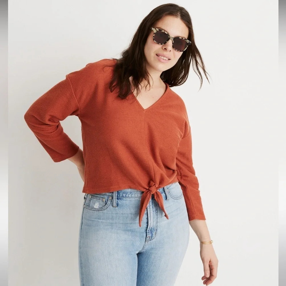 Madewell Texture & Thread Orange Cotton Tie-Front Top, Women’s Size Small